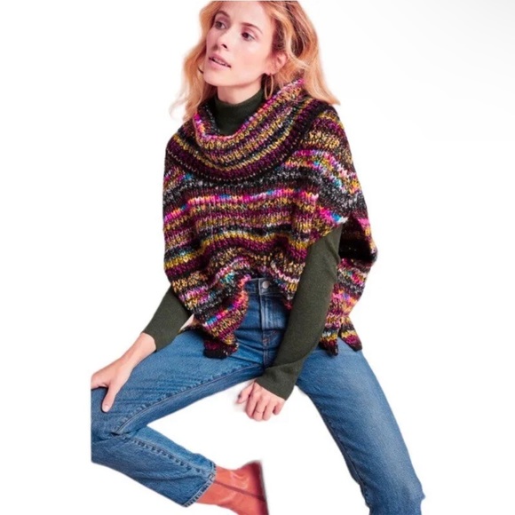 $198 Anthropologie Piera Knit Turtleneck Poncho X Small / Small Multicolor NWT - Picture 3 of 15